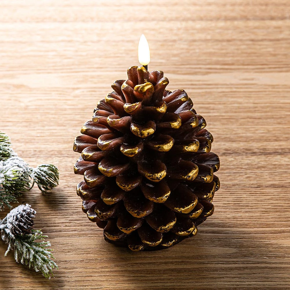 KSP Christmas Delight 'Pine Cone' LED Wax Candle 16cm (Brown/Gold)