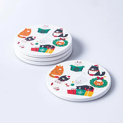 KSP Christmas Ceramic 'Meowy Christmas' Coaster 10cm - Set of 4