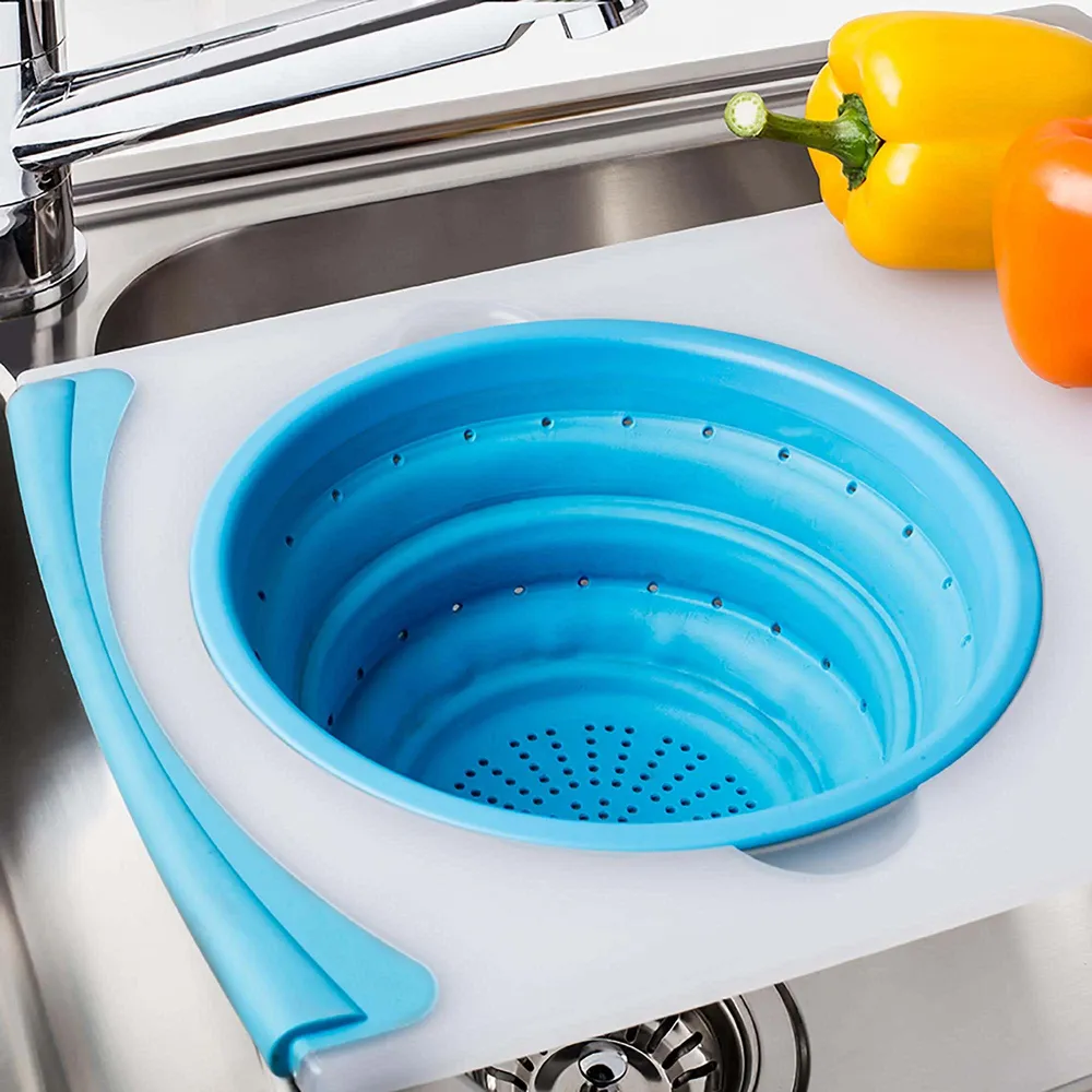 KSP Chop 'N Wash Poly Cutting Board with Colander (Light Blue)
