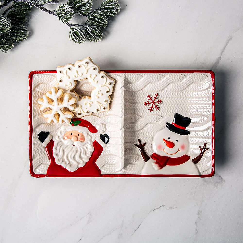 KSP Christmas Knit 'Santa & Snowman' Two-Section Platter 28x16cm