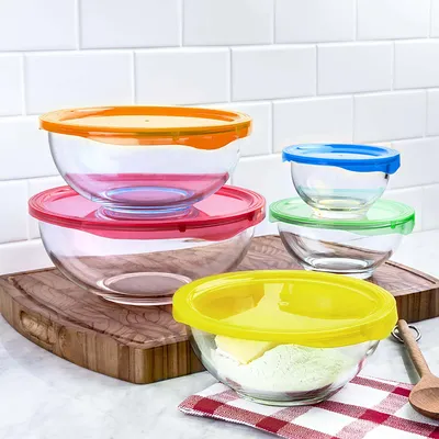 KSP Vibe Glass Mixing Bowl with Lids - Set of 10 (Multi Colour)
