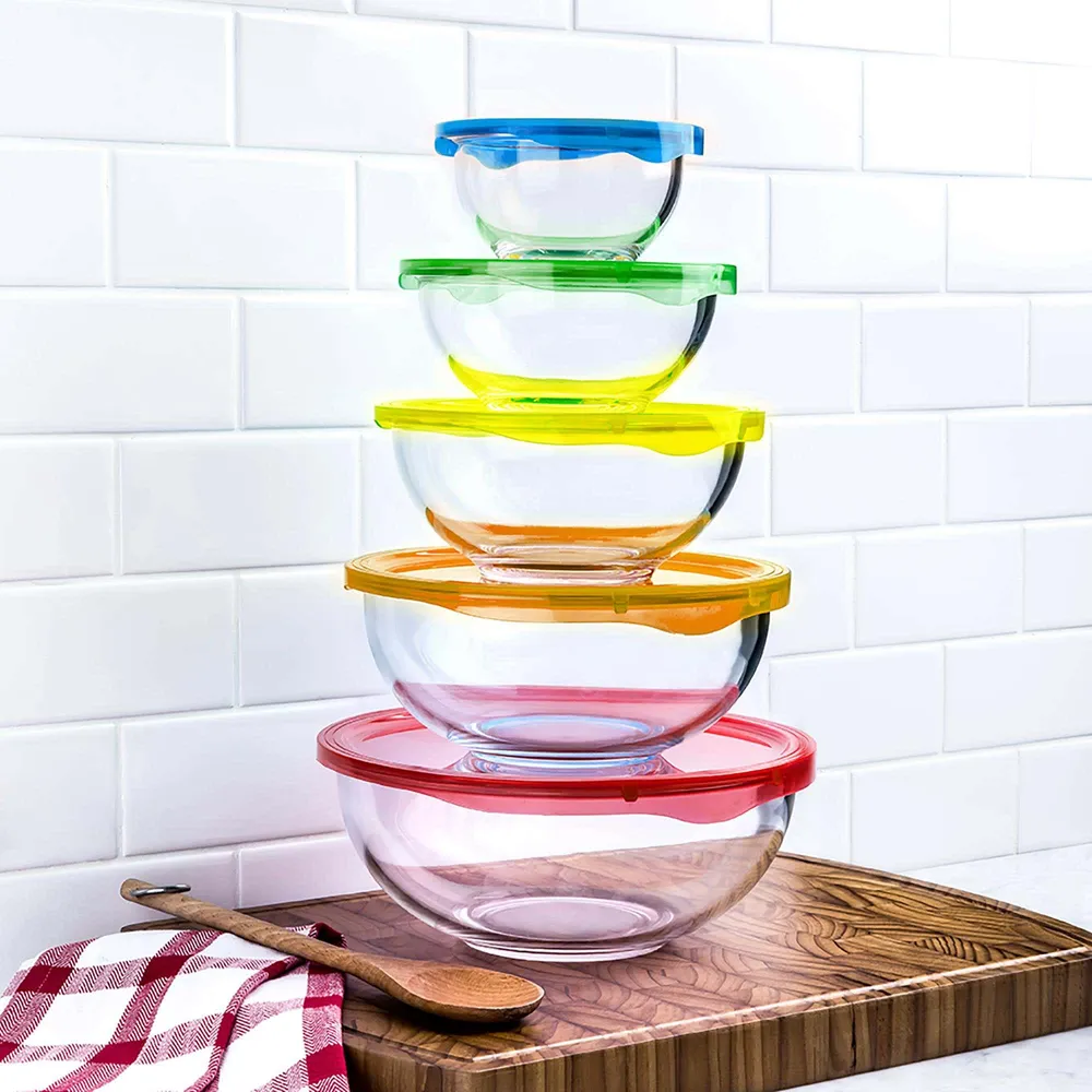 KSP Vibe Glass Mixing Bowl with Lids - Set of 10 (Multi Colour)