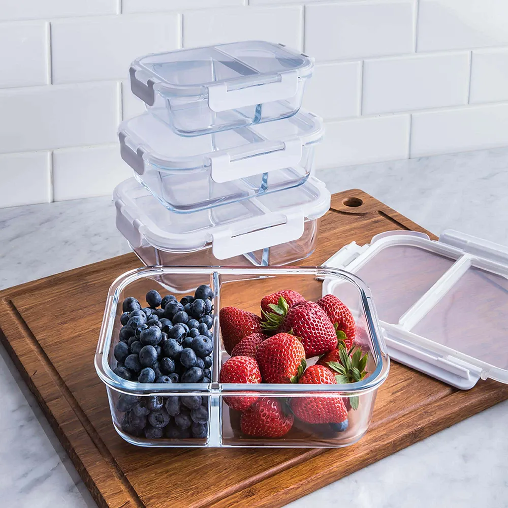 Divided Large Glass Food Storage Containers With Plastic Lids