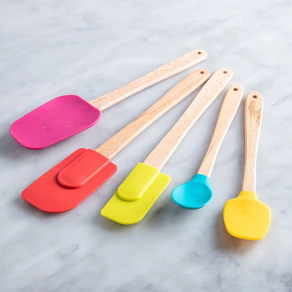 Luciano Gourmet Brights Silicone Spatula with Wood Handle - Set of 5