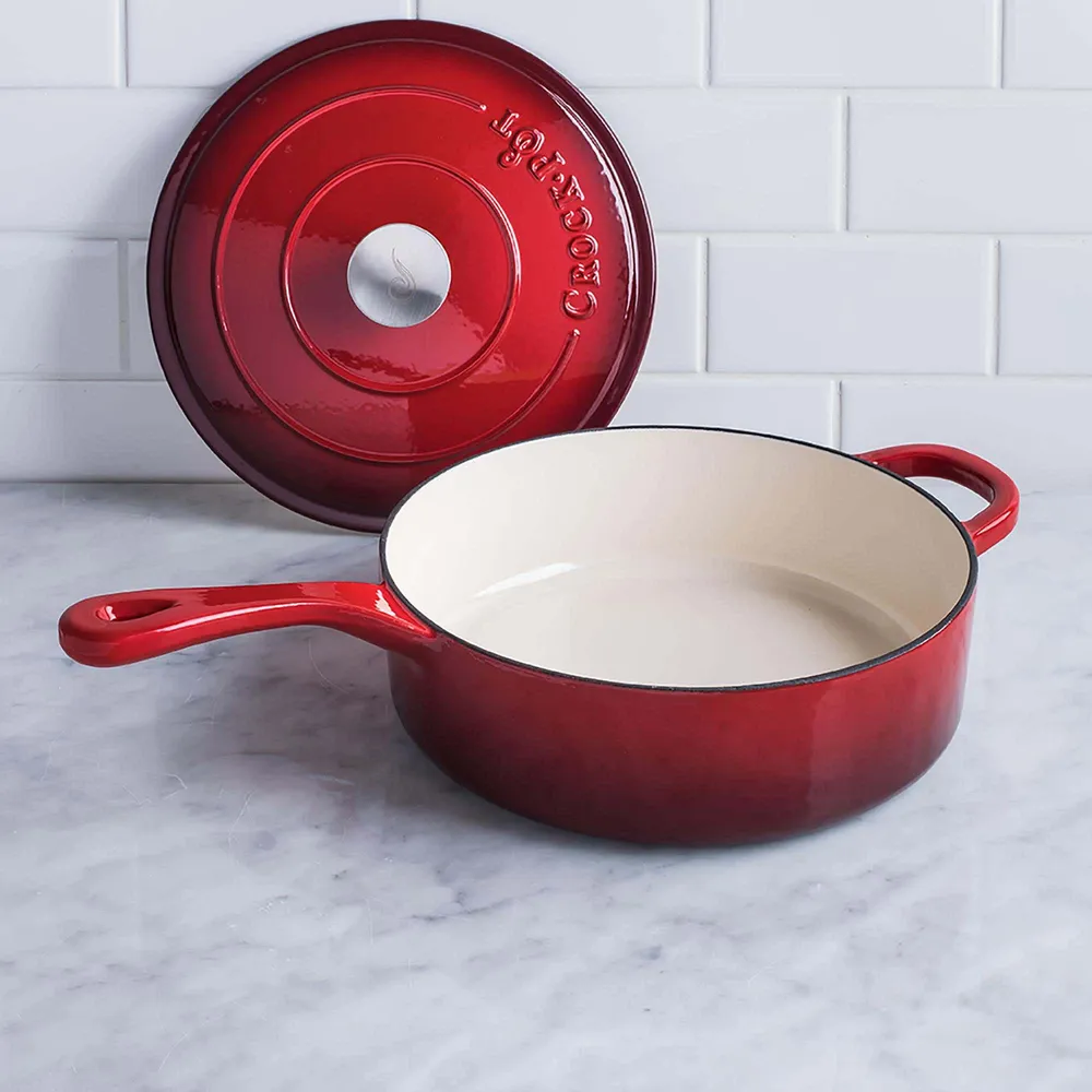 Crock-Pot Artisan 3.5 Quart Deep Enameled Cast Iron Cooking Saute Pan  w/Lid, Red 