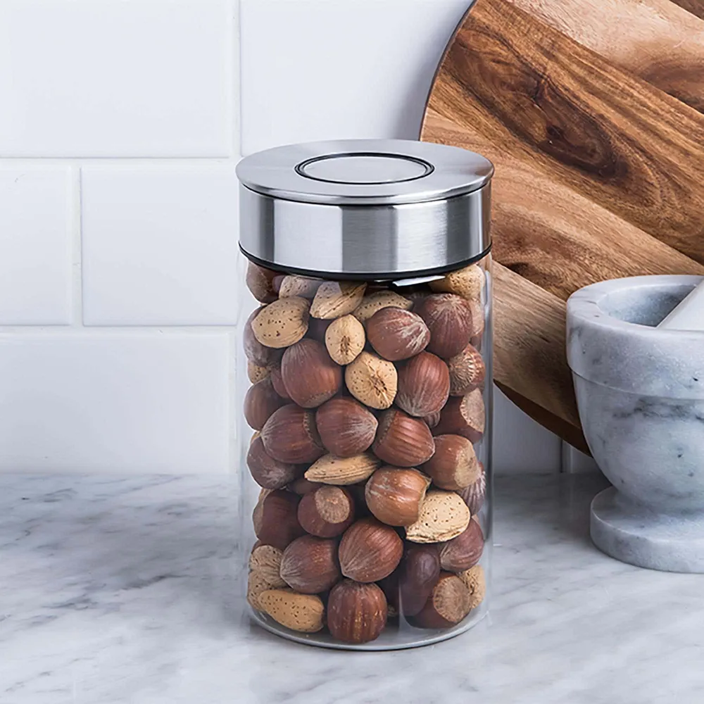 KSP Push Lock 1L 'Round' Glass and Steel Canister