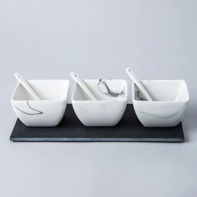 KSP Marble Porcelain Bowls with Tray and Spoons - Set of 7 (White/Grey)