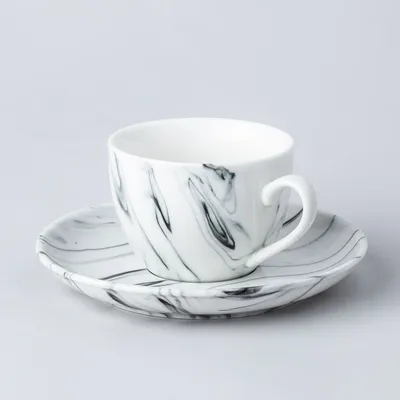 KSP Marble Porcelain Tea Cup with Saucer (White/Grey)