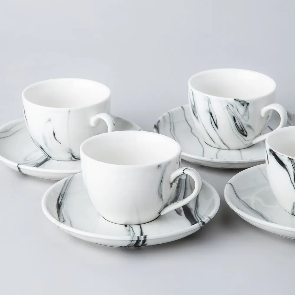 KSP Marble Porcelain Tea Cup with Saucer (White/Grey)