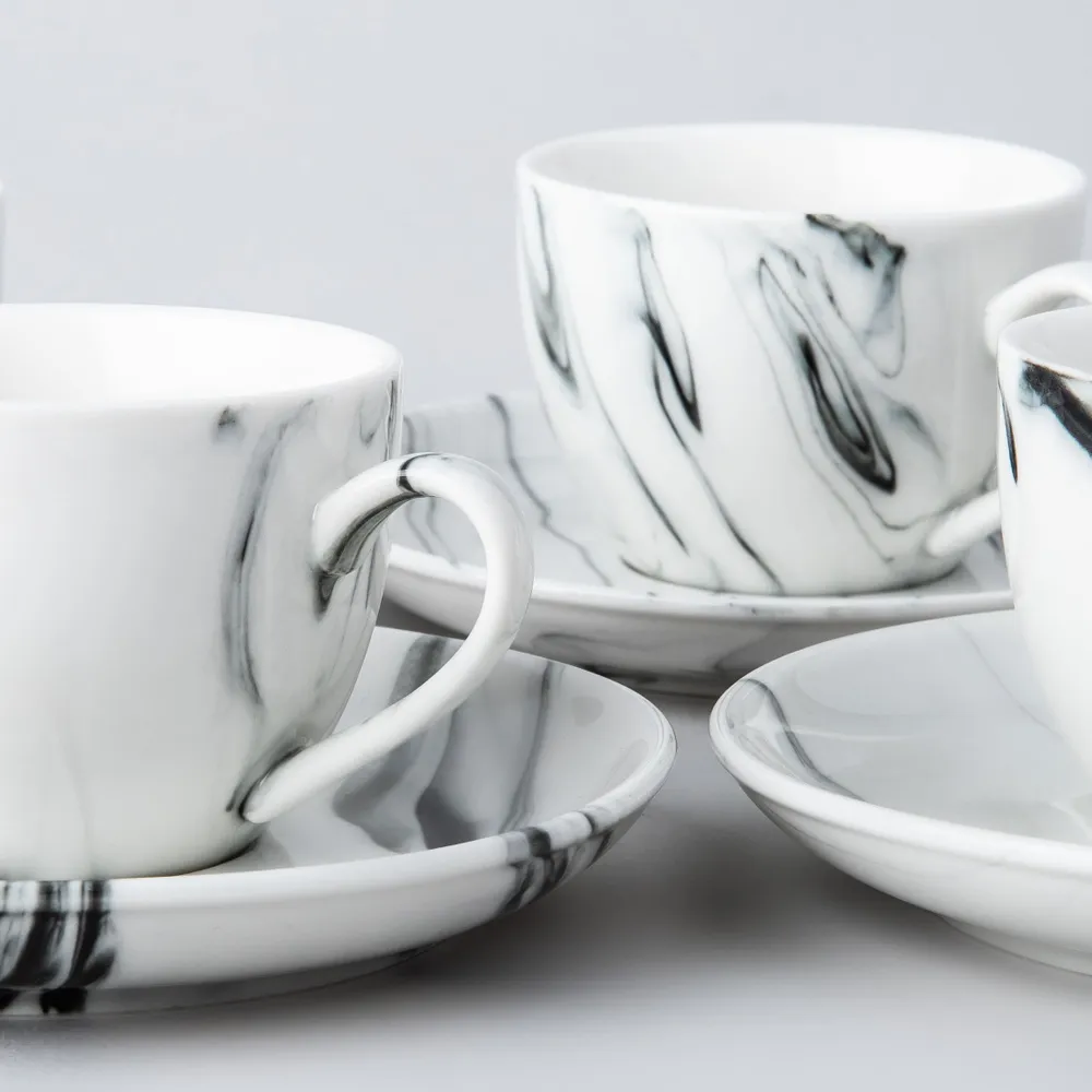 KSP Marble Porcelain Tea Cup with Saucer (White/Grey)