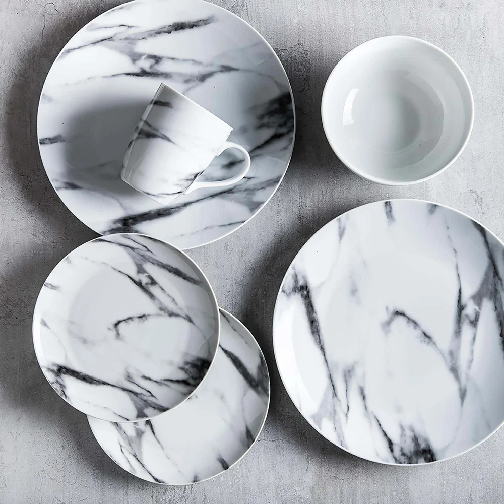 H2K 'Marble' Porcelain Dinnerware - Set of 16 (White)