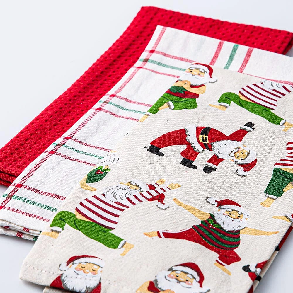 Harman Christmas 'Yoga Santa' Cotton Kitchen Towel - Set/3