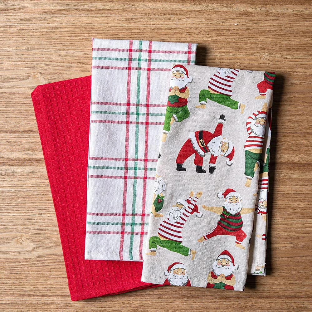 Harman Christmas 'Yoga Santa' Cotton Kitchen Towel - Set/3