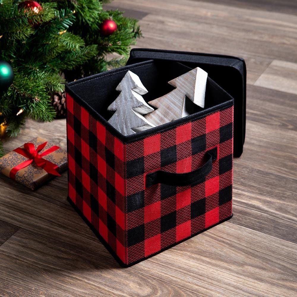 KSP Christmas Soft Storage 'Buffalo Check' Box with Lid (Black/Red)