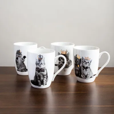 KSP Graphic 'Royal Cat' Mug - Set of 4 (Black/White/Gold)