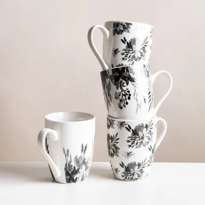 KSP Graphic 'Bloom' Mug - Set of 4 (White/Black)