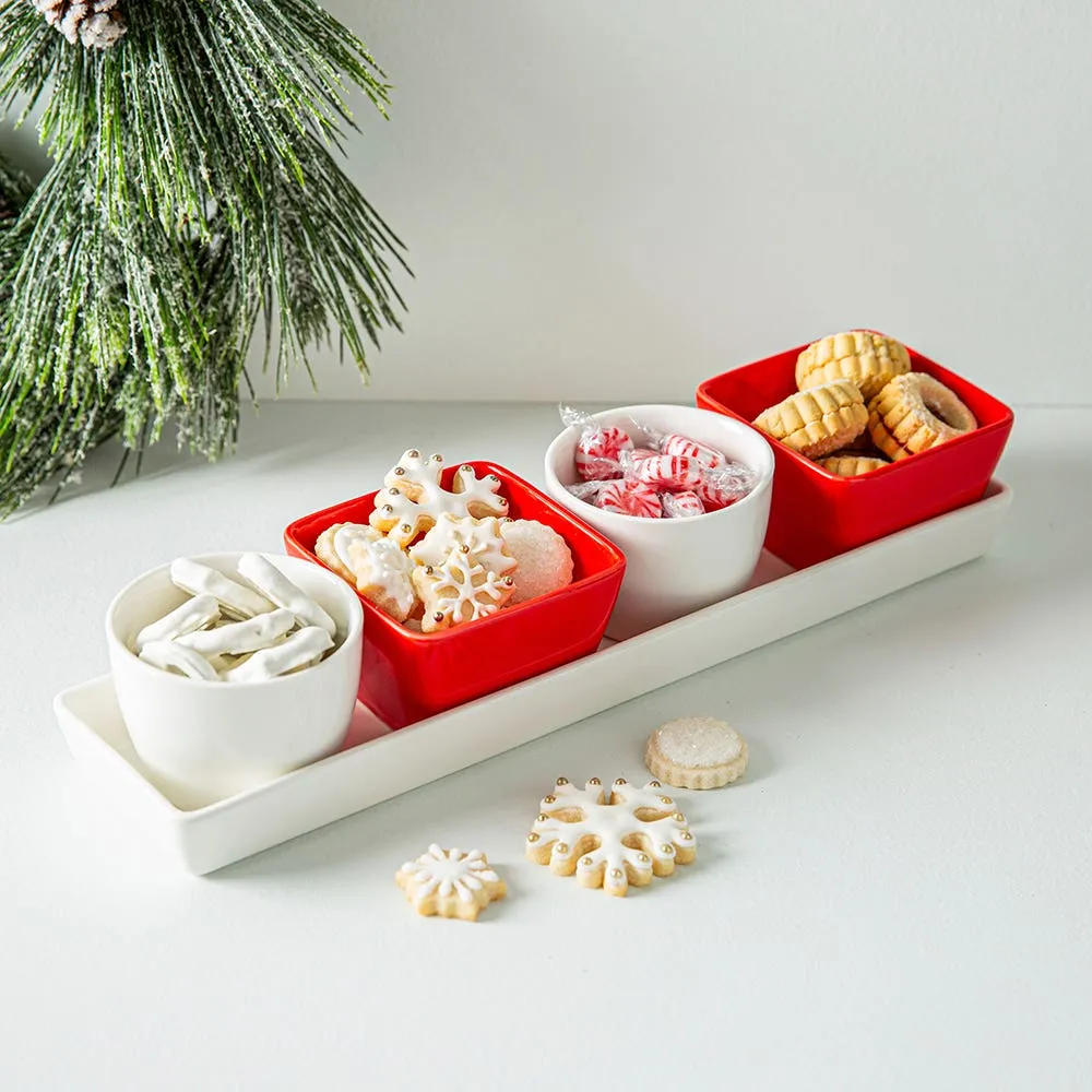 KSP Christmas Porcelain Host Mini Bowls with Tray (White/Red)