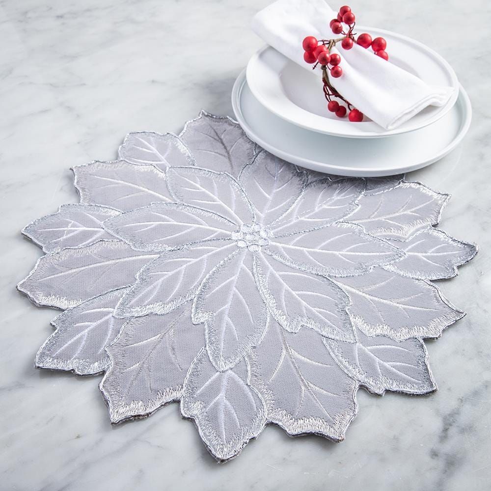 Harman Christmas Poinsettia Embroidered Cotton Placemat (Silver)