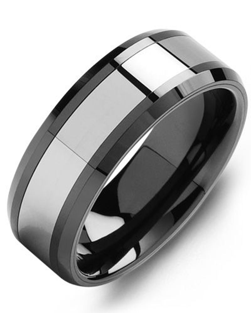 Men's Beveled Polished Ceramic & Tungsten Wedding