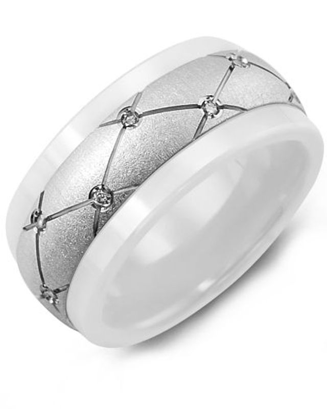 Women's White Ceramic Pattern Diamond Wedding Ring