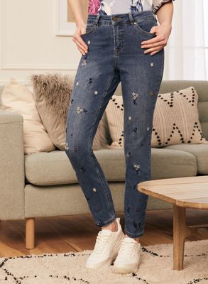 Laura Petites - Jeans à jambe droite et broderies florales pour femme taille petite Bleu