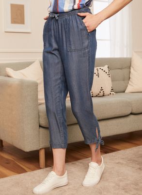 Laura Petites - Capri à effet denim et ourlet noué pour femme taille petite