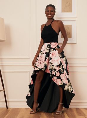 Laura - Robe à jupe fleurie asymétrique pour femme Noir