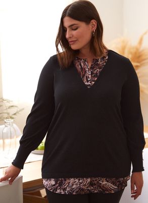 Laura plus - Pull illusion à motif animalier pour femme taille Noir