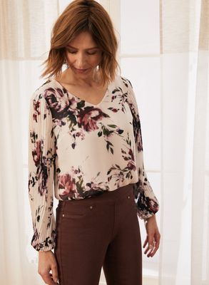 Laura Petites - Blouse fleurie à manches longues plissées pour femme taille petite Blanc