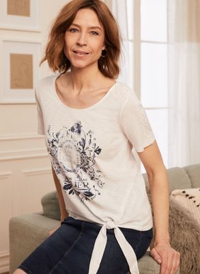 Laura Petites - T-shirt noué à détails en dentelle pour femme taille petite - Blanc