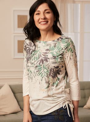 Laura Petites - T-shirt motif feuilles de palmier et strass pour femme taille petite Vert