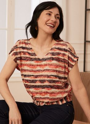 Laura Petites - T-shirt rayé à manches courtes ajourées pour femme taille petite - Brun