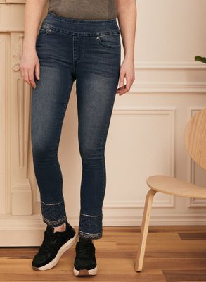 Laura - Jeans oull-on à ourlets brodés pour femme Bleu