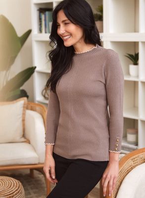 Laura Petites - Pull en tricot côtelé à bordures vaguées pour femme taille petite Brun