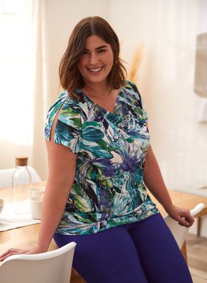 Laura Plus - T-shirt à épaules fendues et motif tropical pour femme taille plus - Bleu