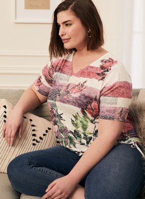Laura Plus - T-shirt à fleurs et rayures pour femme taille plus - Violet