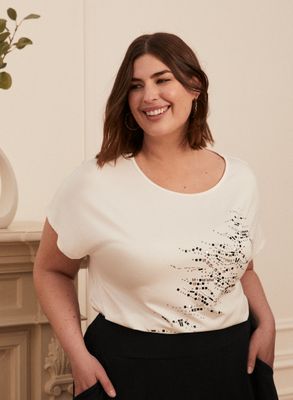 Laura Plus - T-shirt imprimé à strass pour femme taille plus - Blanc cassé