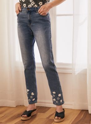 Laura Petites - Jeans droit à appliqué floral pour femme taille petite Bleu