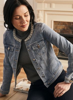 Laura Petites - Veste en denim à col bijou pour femme taille petite Bleu