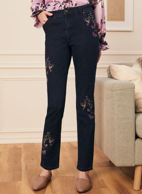 Laura - Jeans à jambe droite avec broderies florales pour femme Bleu