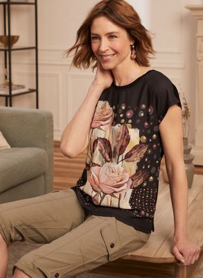 Laura Petites - T-shirt à imprimé floral pour femme taille petite Noir