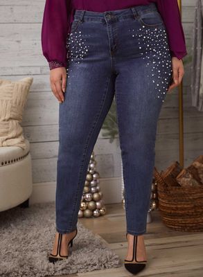 Laura Plus - Jeans jambe droite à perles et cristaux pour femme taille plus - Bleu