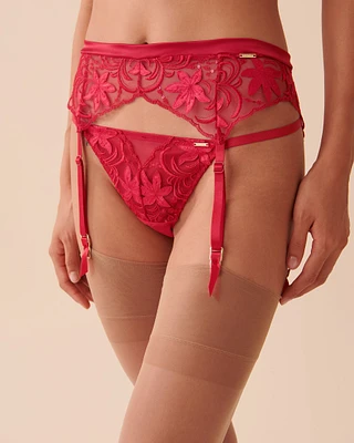 Floral Applique Mesh Garter Belt