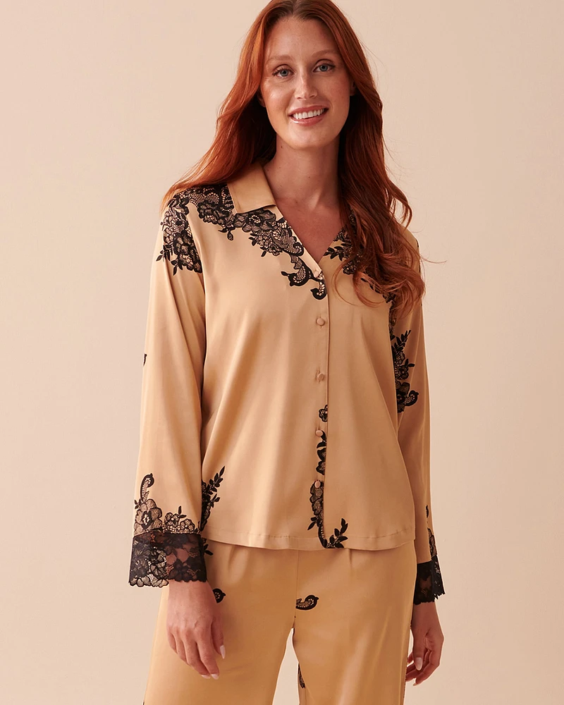 Satin and Lace Long Sleeve Button-down Shirt