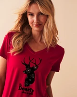 T-shirt col en V ultra doux à motif cerf