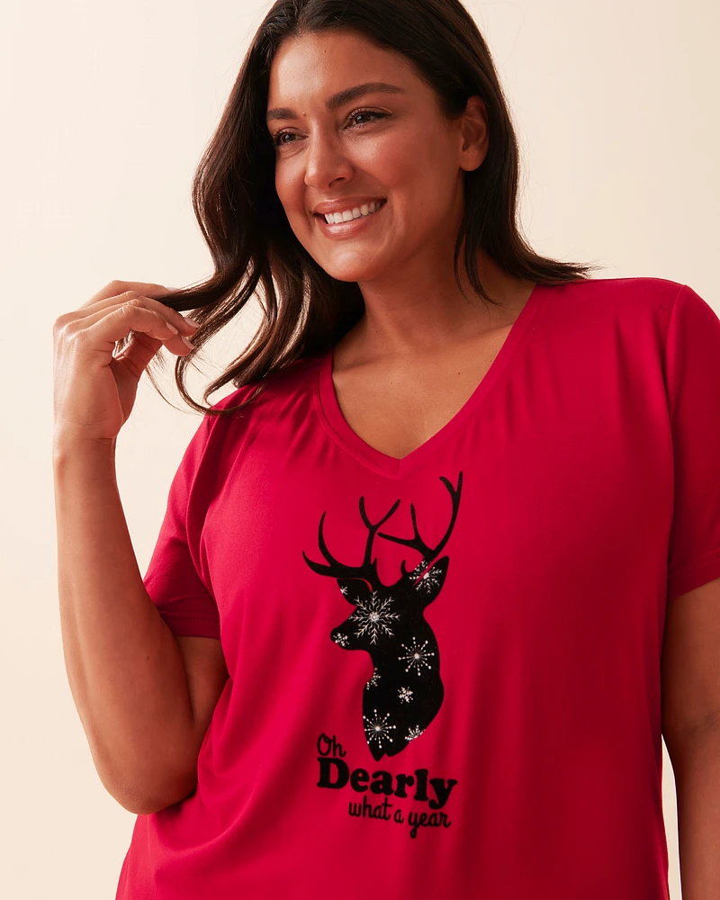 T-shirt col en V ultra doux à motif cerf