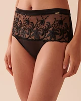 Culotte bikini taille haute en résille à fleurs appliquées