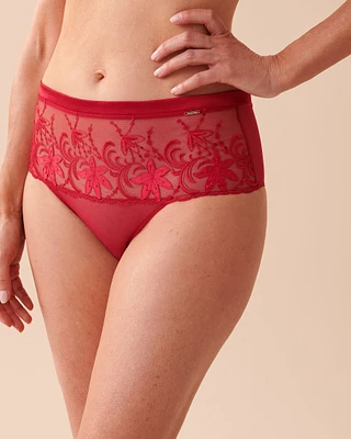 Floral Applique Mesh High Waist Bikini Panty
