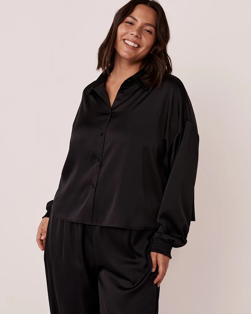 Black Satin Long Sleeve Button-down Shirt