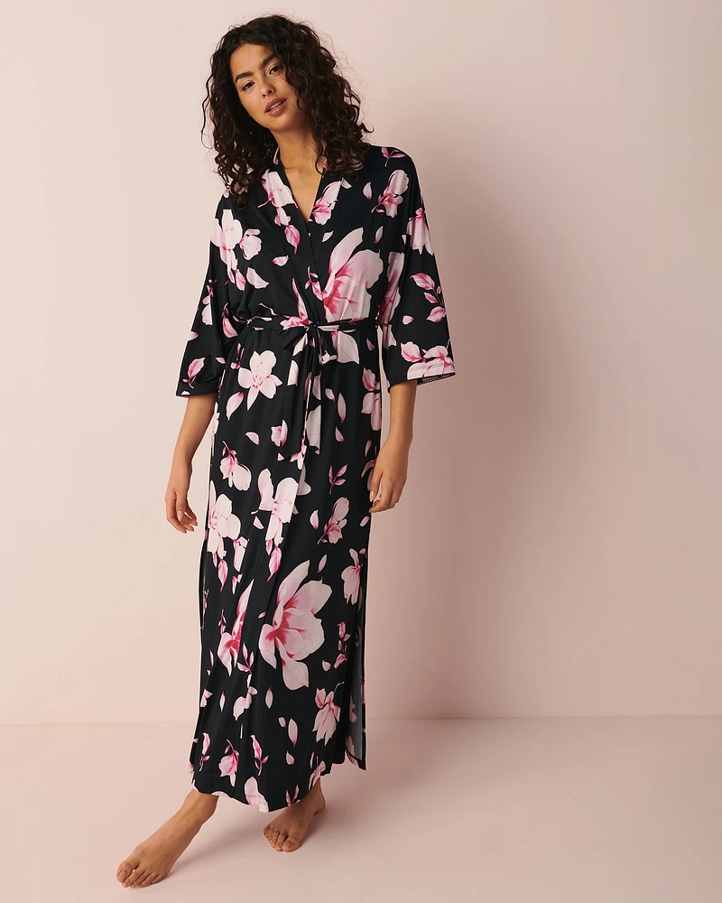 Long kimono fleuri en fibres recyclées